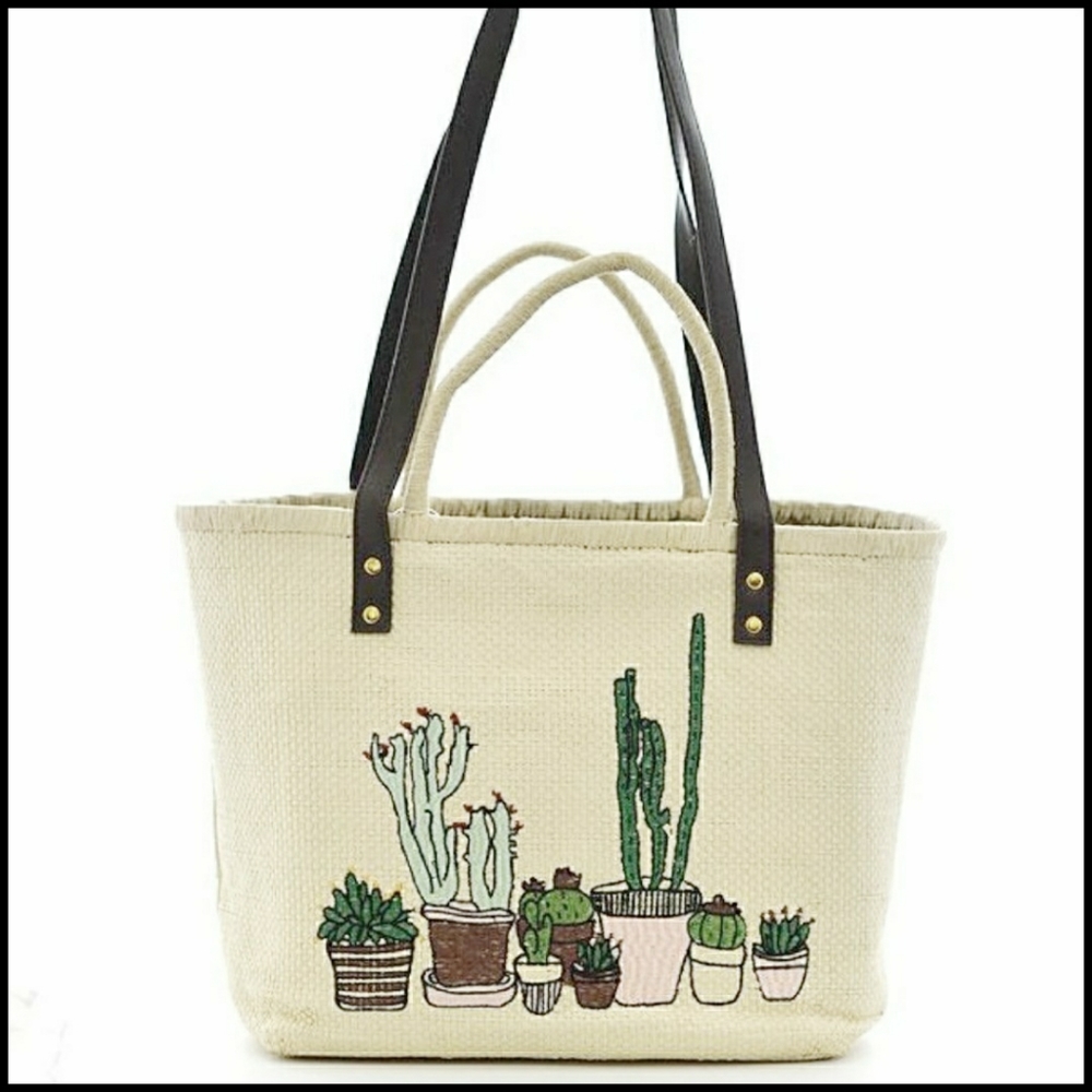 Cactus Print Straw Tote Bag New With Double Handles